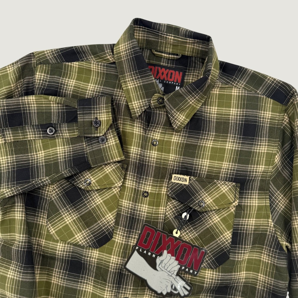 Dixxon Flannel Action Olive Green Black Plaid D-Tech Snap Button Shirt Mens M - Picture 1 of 16